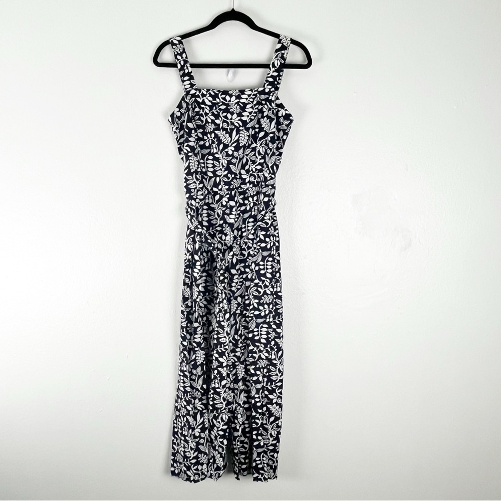 ANN TAYLOR Factory Blue White Linen Blend Belted Waist Pockets Jumpsuit 2 Boho